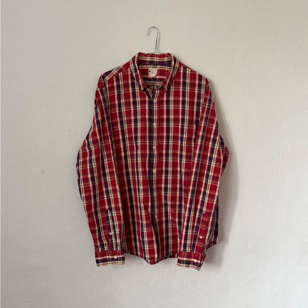Vintage J. Crew Red / Cream / Blue Madras Plaid Sunwashed Oxford Men’s Large